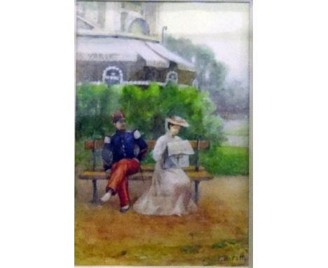 Filippo Baratti (Italian, 19th century)Watercolour drawing Figures seated on a park bench, signed lower right, 22cm x 14cm 