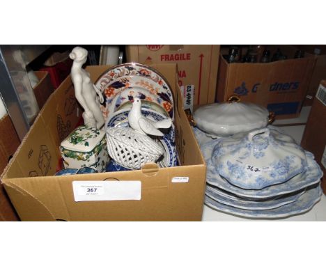 Assorted ceramics including oriental ware, a white ceramic basket with model of a dove, blue white ironstone meat dishes, etc