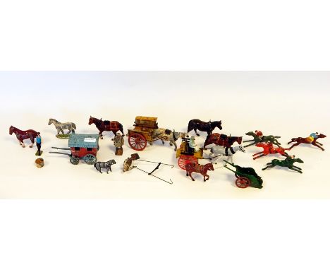 Britains painted lead horses and hay wane, Charbens milk cart, farmer and horse, gypsy caravan, racehorses, etc. (5 boxes)  C