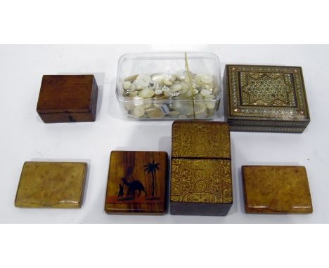Middle Eastern inlaid rectangular lidded box, 11.5cm x 3.5cm, a quantity of mother-of-pearl buttons, a burr walnut card case 