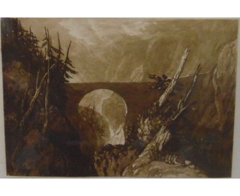 Frank Short Mezzotint after J M W Turner Bridge over gorge, signed in pencil by engraver, 23cm x 30.5cm 