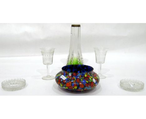 Two glass decanters, various etched wines, trinket dishes, etc. 