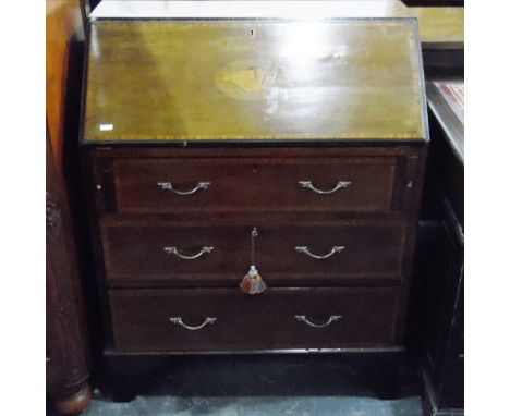 Edwardian mahogany and satinwood inlaid bureau, with fitted interior of pigeonholes and small drawers, with three long gradua