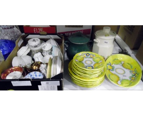 Handpainted pottery set marked 'Positano Fruits', lemons, oranges on a bright yellow ground, serving dish, six side plates an