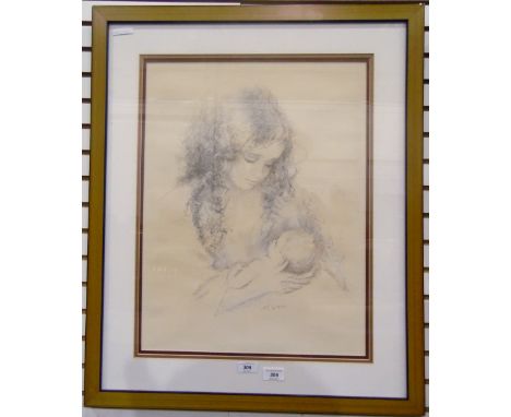 20th century school Coloured lithograph "Tenderness", woman with child, signed, 53cm x 40cm 