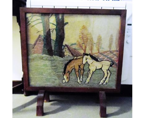 Stained as mahogany fire screen with gros-point woolwork panel of grazing horses in paddock 