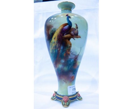 Royal Worcester porcelain vase, inverse-baluster shape and painted by C V White with peacock and peahen perched in a wooded l