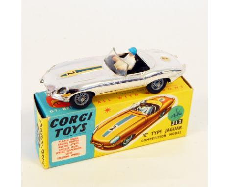 Corgi diecast model of an E-type Jaguar competition model, metallic silver, No.2 (boxed)  CONDITION REPORT: Fair condition, s