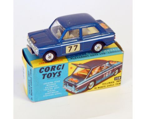 Corgi diecast model of a Lancia Fulvia, No.332 together with 1967 Monte Carlo Sunbeam Imp, No.340, both blue with white strip