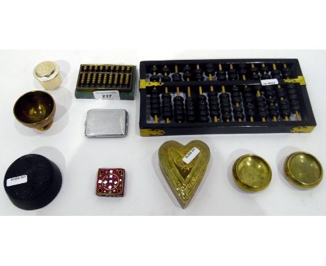 Two abacus sets, a heart-shaped trinket box, a wooden panelled brooch and other collectable items 