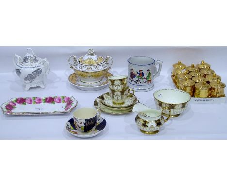 Set of 12 Royal Worcester covered consomme cups, all with gold lustre, a pottery frog mug, two Royal Albert china cake plates