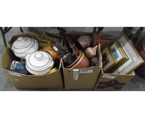 Assorted ceramics including two casserole dishes, a decorative tile showing a cat sleeping on a wicker chair, pottery, a quan
