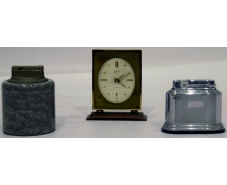 Swiza Croquet four-jewel alarm clock, a British Butanic desk lighter and another desk lighter (3) 