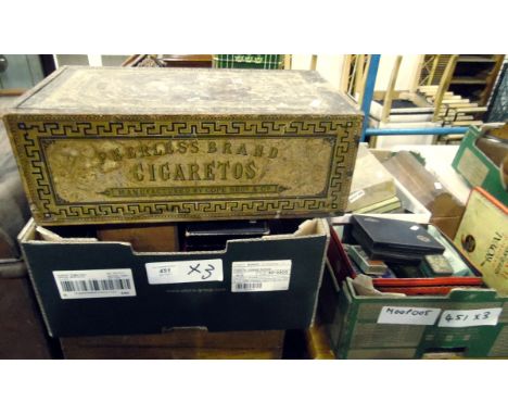 Various vintage tins and boxes including a large 'Peerless' brand Cigaretos manufactured by Cope Bro's & Co, various Players 