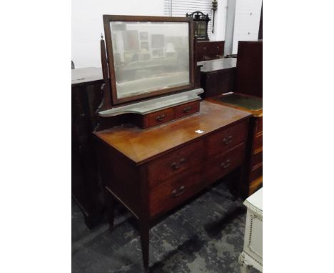 Edwardian mahogany and satinwood strung mirror-back dressing table with shelf and two trinket drawers, two short and one long