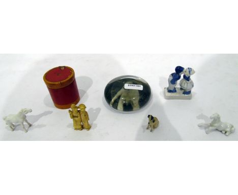 Miniature Japanese ivory figure group, 4cm high, a Jack Russell paperweight, two miniature ceramic horses and other items 