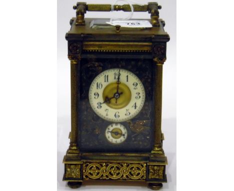 19th century French gilt metal carriage clock, the Arabic enamel dial with subsidiary dial below, alarm repeater, with relief