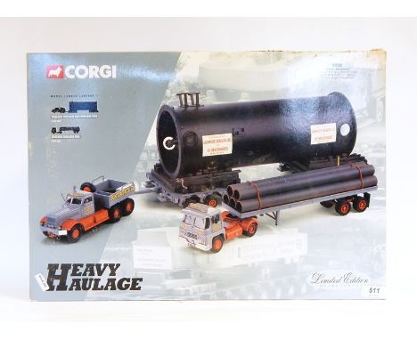 Corgi heavy haulage diecast model of Sunter Bros, Guy Invincible long platform trailer, pipe load and diamond T Ballast, Nich