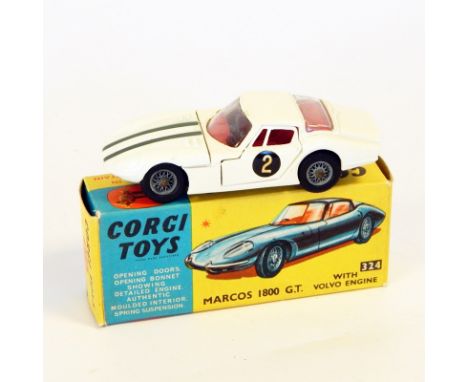 Corgi diecast model of Marcos 1800GT with Volvo engine, No.324, white with double green stripes to bonnet (boxed)
