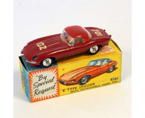 Corgi diecast model of E-type Jaguar with detachable hard-top, red, No.307, having racing number 102 to bonnet and boot (boxe