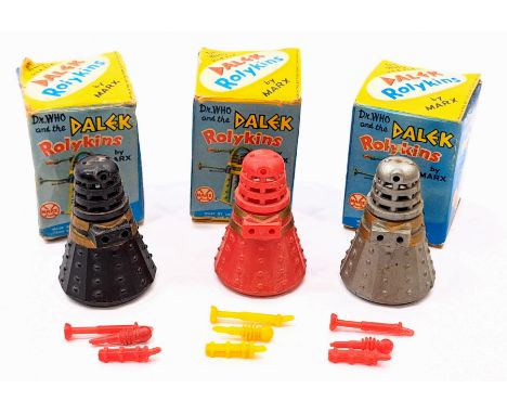 Marx (Hong Kong) Dr. Who &amp; the Dalek Rolykins x three, 1960's issue, all are complete, within Fair Plus to Good original 