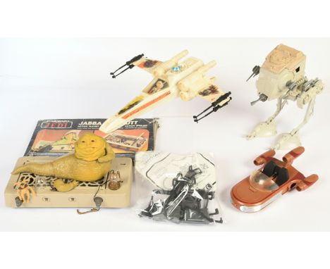 Kenner Star Wars vintage X-Wing Fighter (loose wing), incomplete Jabba The Hutt Playset, AT-ST &amp; Landspeeder (missing sti