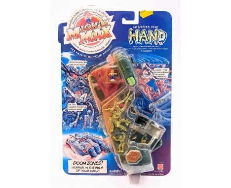Mattel / Bluebird Mighty Max Crushes The Hand, #13417, Near Mint to Mint, within Good Plus sealed carded back, three pins hol