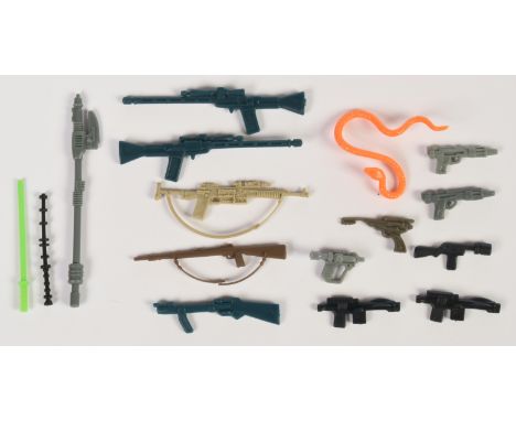 Kenner Star Wars vintage accessories inc Blasters, pistols, Rifles, Yoda Snake, Green Lightsaber. Condition Good to Good Plus