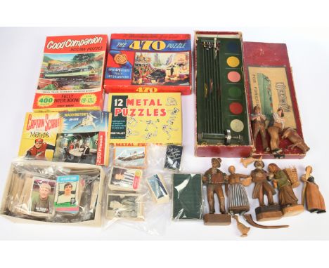 Assortment of Trading cards (Joe90, Tarzan, Land of the Giants, AB&C Football cards) with a mixture of vintage puzzle games w