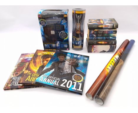 Character Doctor Who collectibles group including: Flight Control Tardis, The Eleventh Doctor's Sonic Screwdriver, Posters x2