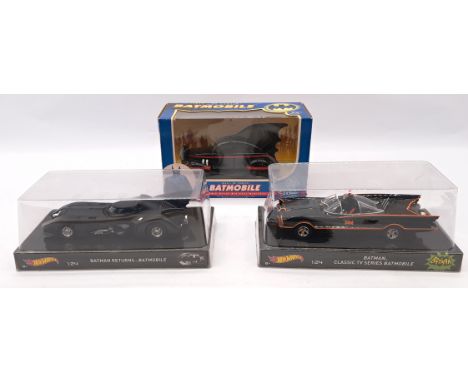 Mattel, Hot Wheels, Corgi, Batman Batmobile 1:24 trio including: 1940's DC Comics Batmobile, Classic Tv Series Batmobile, Bat