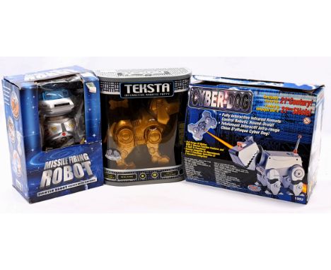 Battery Powered Robot trio including: (1) Missile Firing Robot; (2) Teksta Interactive Robotic Puppy; (3) WooWee Inc Cyber-Do