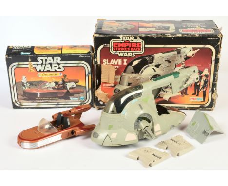 Kenner Star Wars vintage Landspeeder (with box, no inserts or paperwork), Palitoy Slave I (missing Carbonite Block, no insert