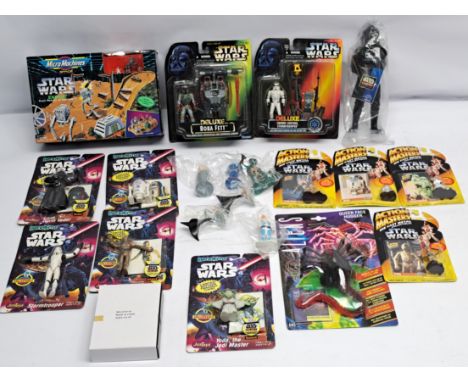 Assortment of carded Star Wars figures including JusToys Bend-ems, Action Masters Die-cast, Galoob MicroMachines, Kenner 1992