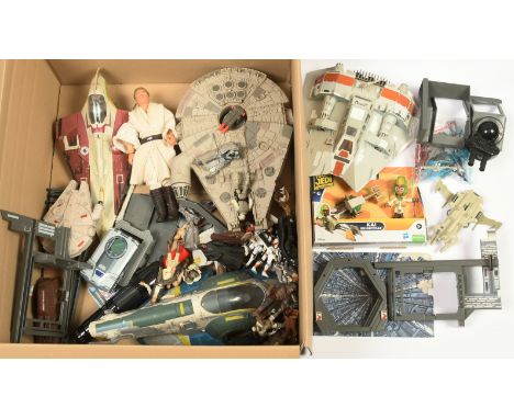 Assortment of Hasbro / Kenner Star Wars incomplete modern ships, action figures, playsets in mixed lot. Unchecked for complet