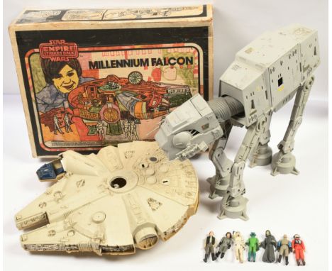 Kenner Star Wars vintage Millennium Falcon (missing most parts) in poor box (coloured in), with AT-AT (missing chin guns, bul