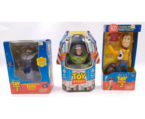 Thinkway, Mattel Disney Pixar Toy Story trio including: #19008 Power Boost Buzz Lightyear, Emperor Zurg, Talking Woody, untes