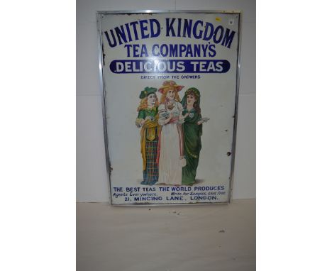 'United Tea Companies' enamel advertising sign, depicting: English, Scottish, and Irish ladies, 60 x 92cms, in metal frame, (