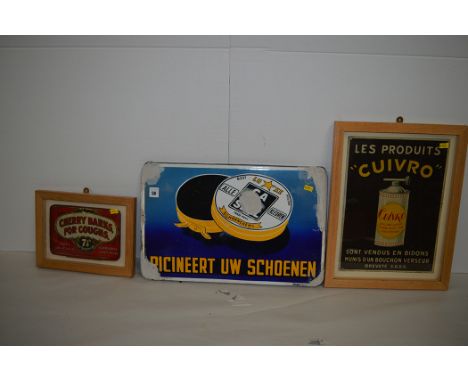 'Alle Kleuren Boor Polish' enamel advertising sign, 49 x 31cms; together with a 'Cherry Barks' advertising tin tray, framed, 