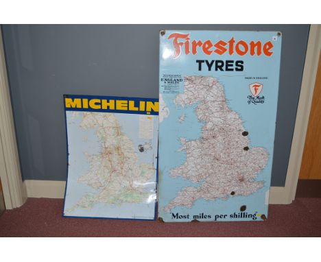 'Firestone Tyres' enamel advertising sign, decorated with the road map of England and Wales, inscribed "Most Miles Per Shilli