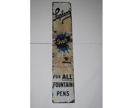 'Stephens' Ink For All Fountain Pens' enamel advertising sign, 21 x 112cms (extensive restoration).