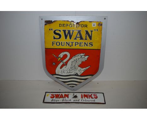 'Swan fountain Pens' enamel advertising sign, of shield form, 38 x 49cms, on silver painted wall mount; together with a 'Swan