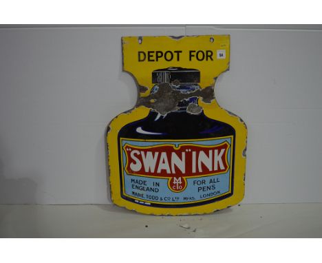 'Swan Ink' enamel advertising sign in the form of a bottle of ink, 43 x 56cms.