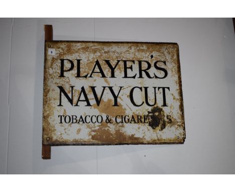 'Players Navy Cut Tobacco & Cigarettes' enamel advertising sign, double sided, mounted to wooden bracket, sign 52 x 41cms.