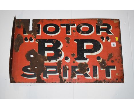 'Motor B.P. Spirit' enamel advertising sign, double sided, by Bruton, Palmers Green, 62 x 38cms.