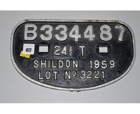 A mid 20th Century engine plate B334487, for a 24 1/2 Ton engine, Shildon 1959, LOT no.3221, 28cms.