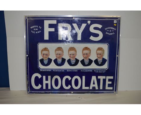 Fry's 'Five Boys' chocolate enamel advertising sign, with views of desperation through to realisation, 92 x 76cms (extensive 