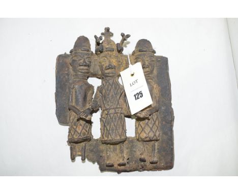 A Benin bronze group of three figures, one with headdress.