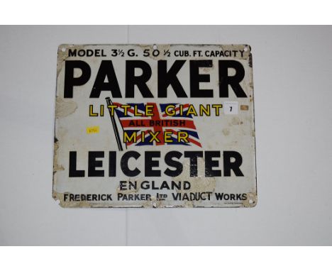 An enamel advertising sign for 'Fredrick Parker Ltd., Viaduct Works, Leicester', inscribed "A Little Giant All British Mixer"
