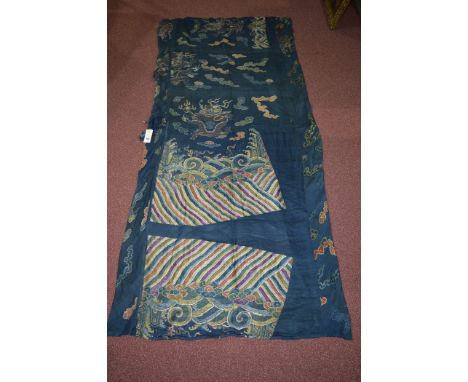 A late 19th/early 20th Century Chinese silk panel, possibly for a robe with dragon and pearl decoration, 196 x 92cms.